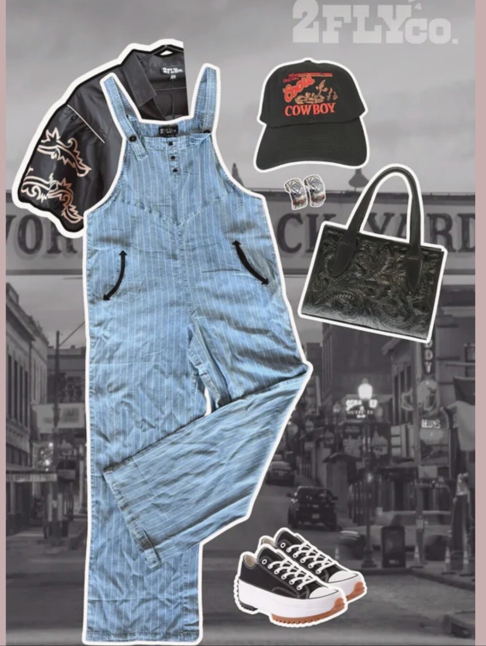 2 Fly CO. NWT Ranch Hand Overalls Pinstriped Denim Western Wide Leg Button Front